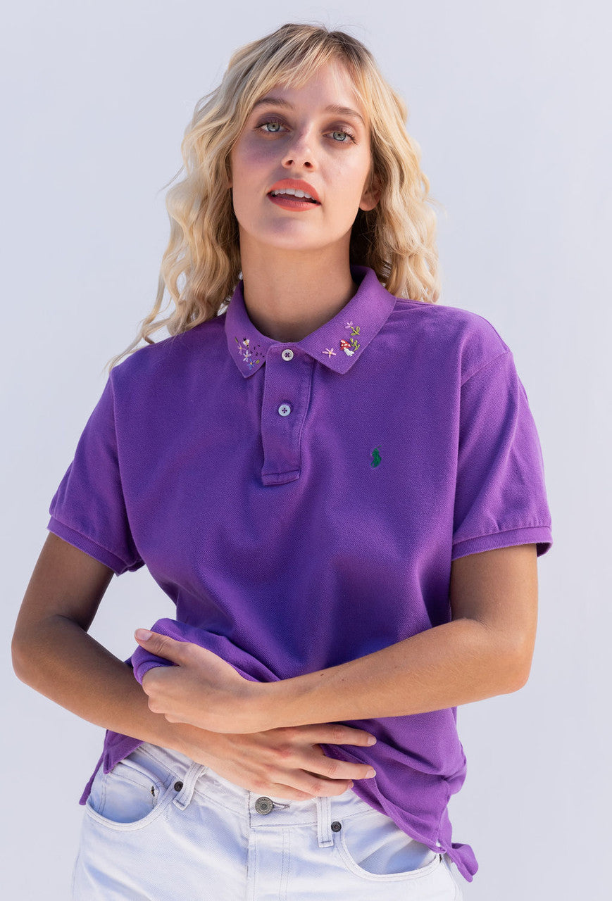 Vintage x Resurrection Hand Embroidered Lacoste Polo Knit Top In Purple 