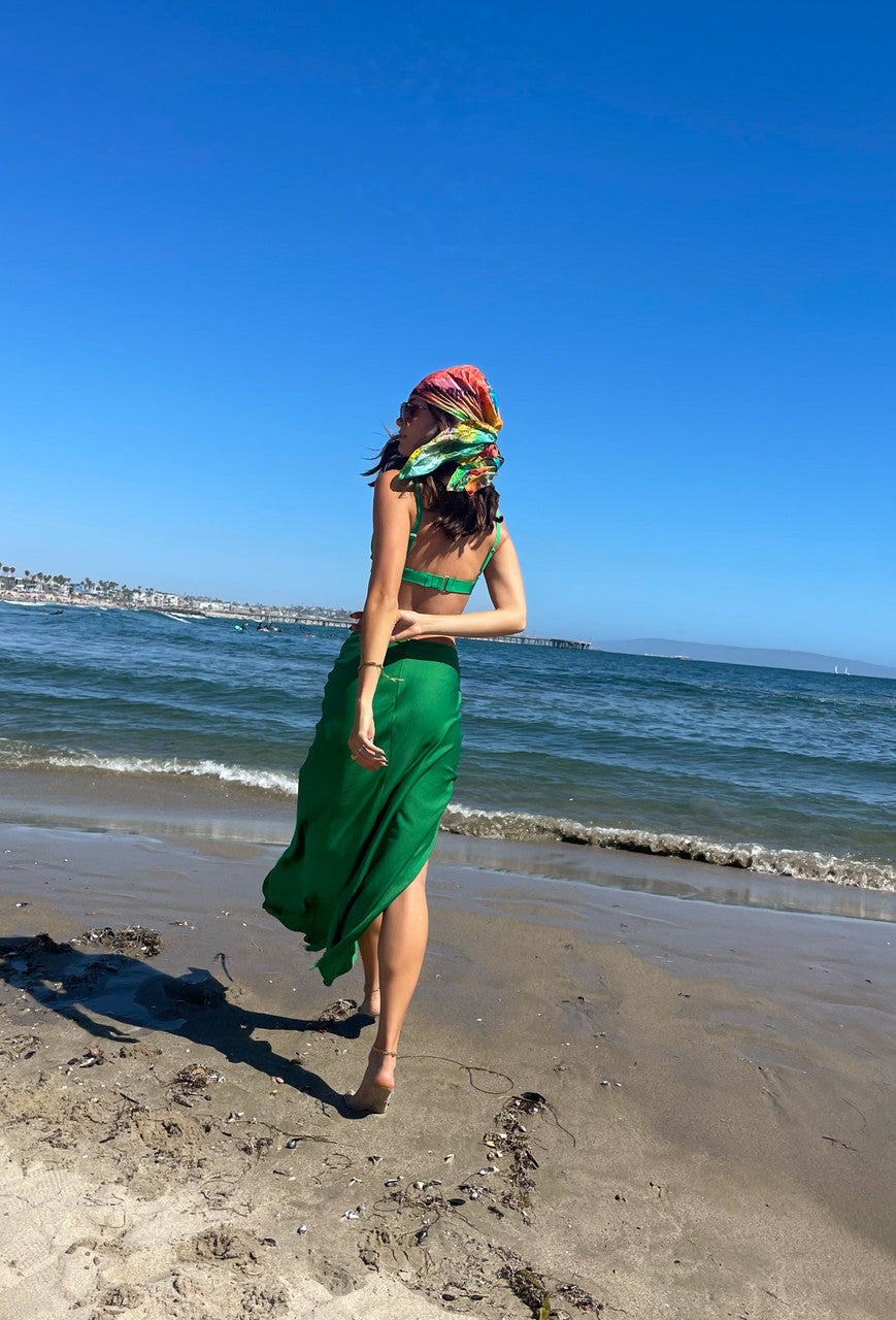 Sea Breeze Satin Midi Skirt In Green