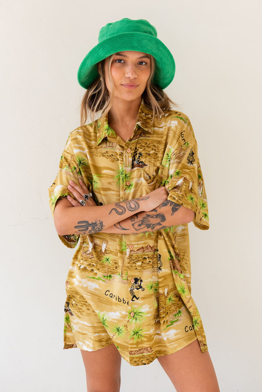 Vintage x Resurrection Hawaiian Silk Oversized Shirt In Gold/Green