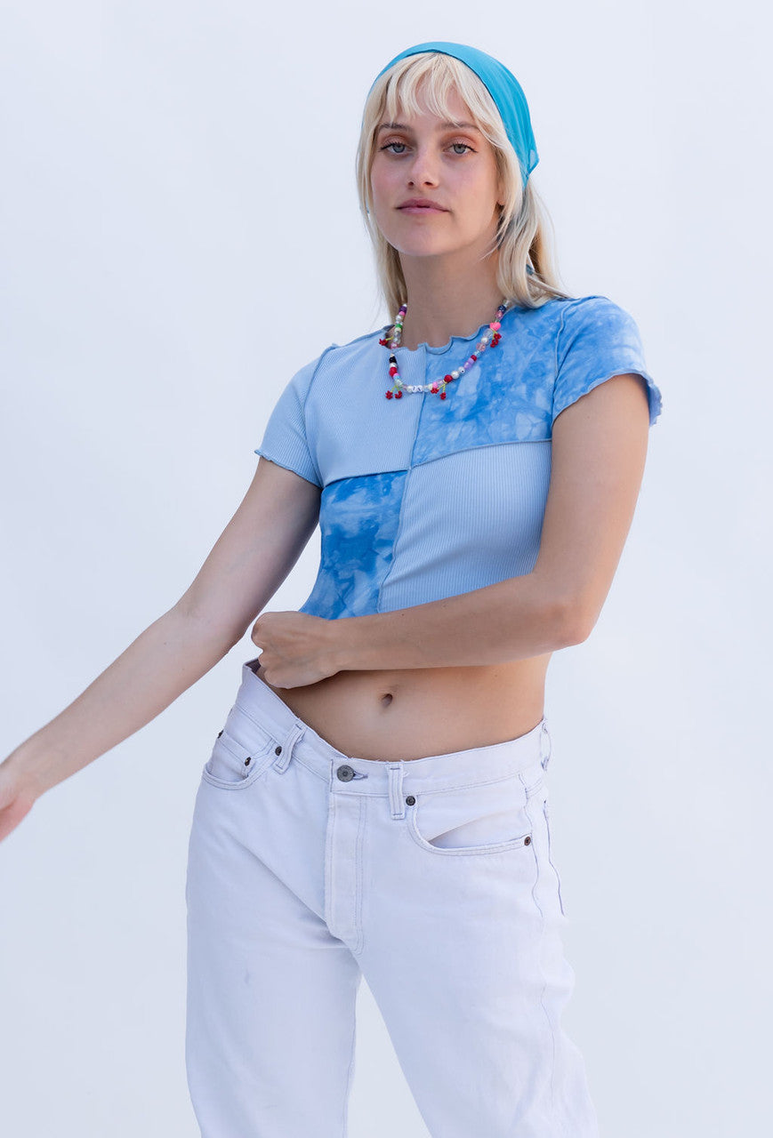 CALIstyle Stardust Exposed Seam Patchwork Crop Top In Blue | Shop