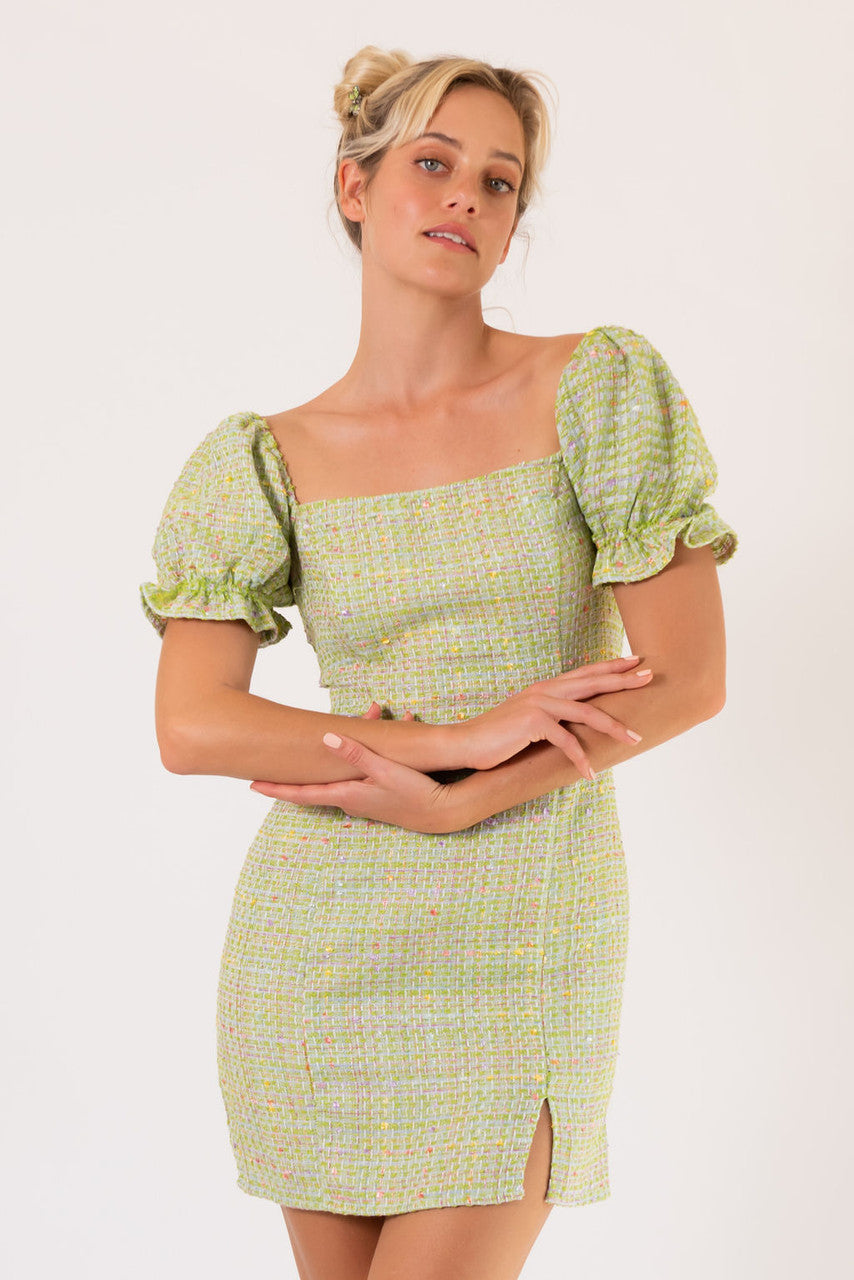 CALIstyle Paris Afternoons Tweed Mini Dress In Kiwi| Shop Resurrection