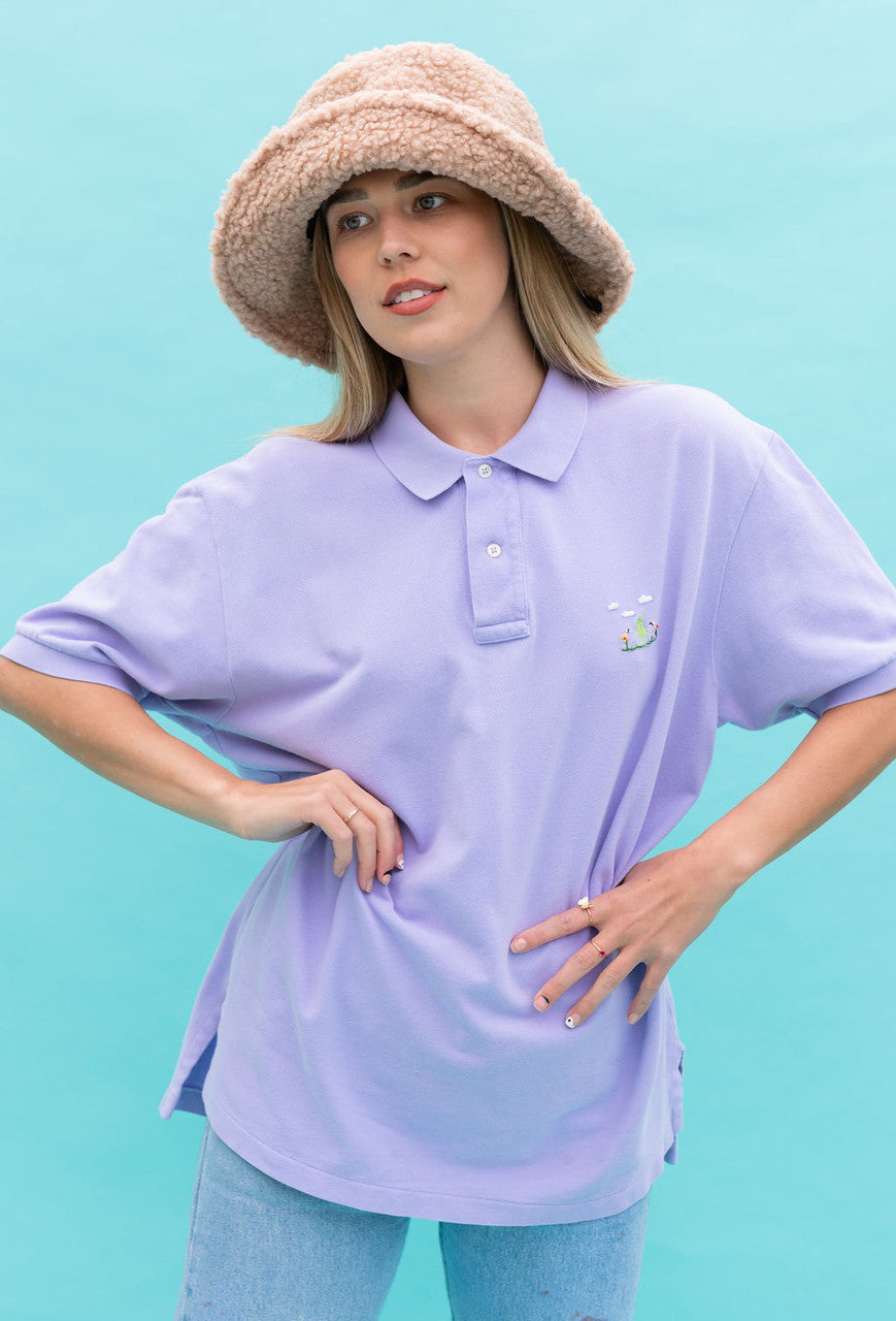 Vintage Hand Embroidered Polo Knit Shirt-Top In Lavender