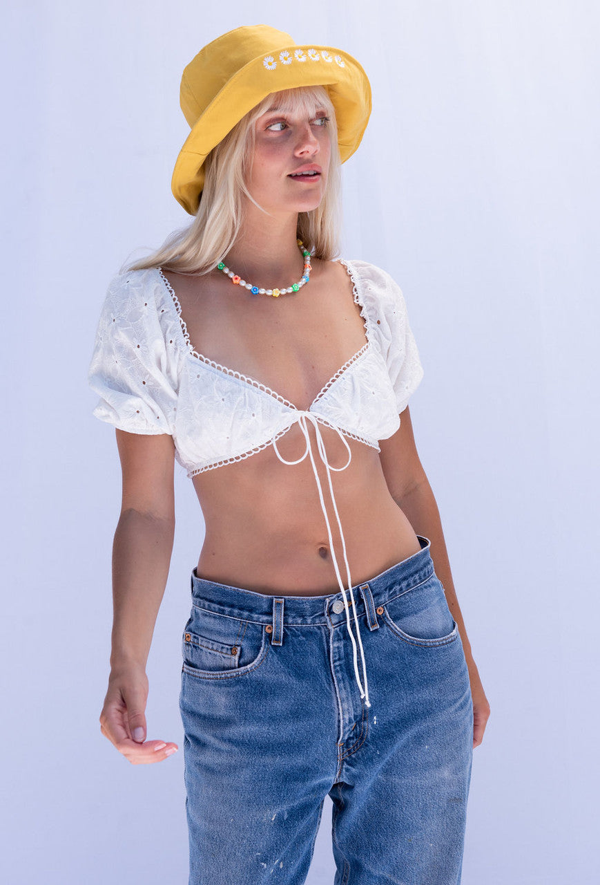 South Of France Eyelet  Crop Top In White
