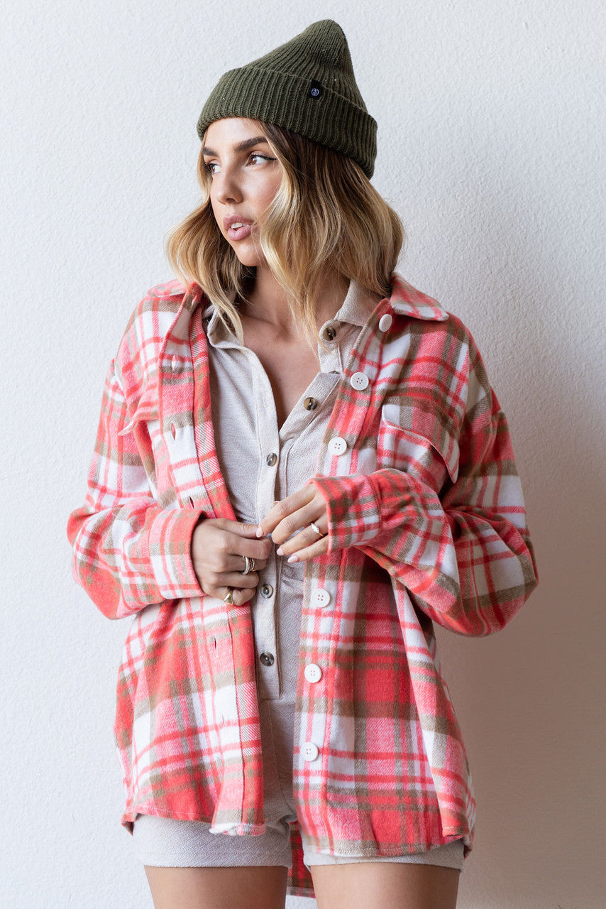 CALIstyle Lived In Feels Oversized Flannel Shirt In Coral/Tan