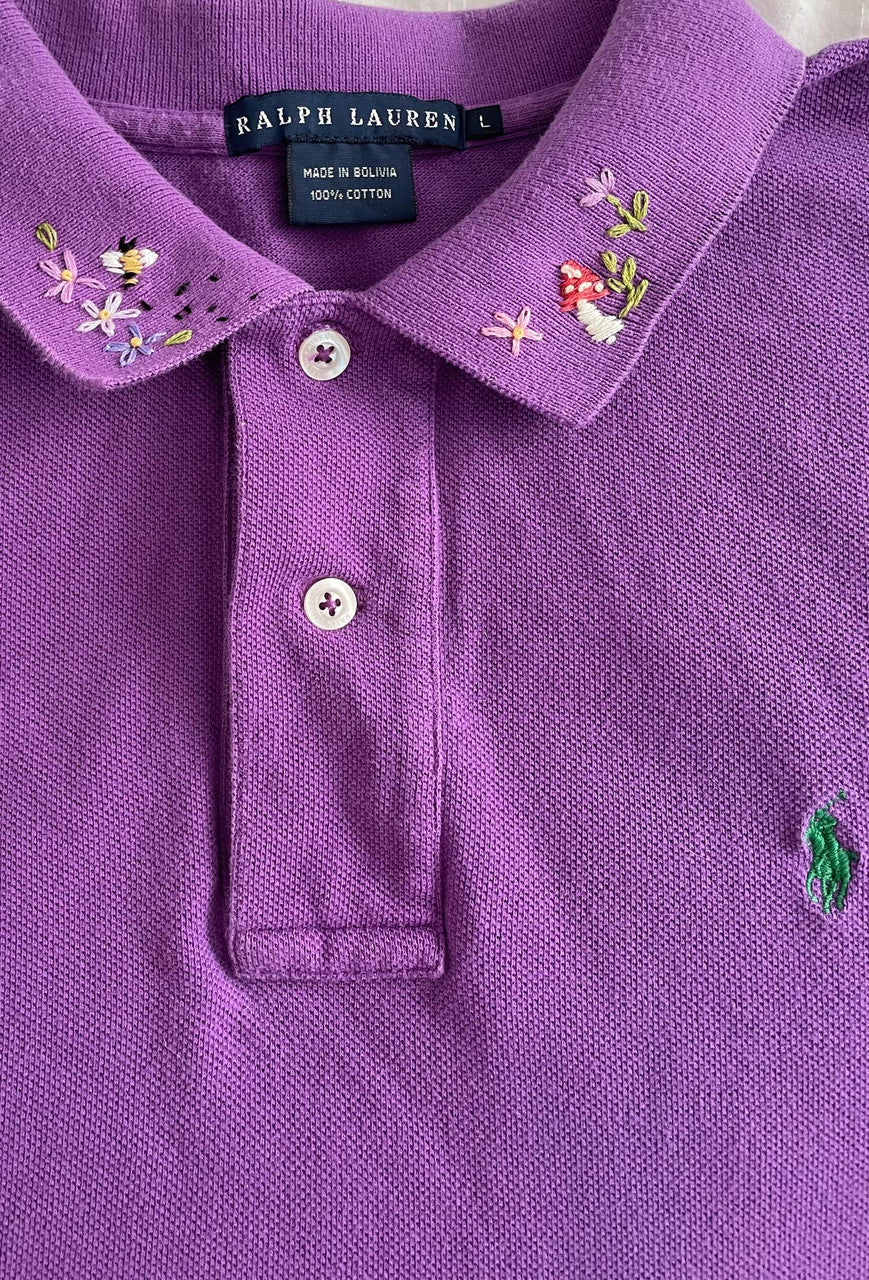 Vintage Hand Embroidered Lacoste Polo Knit Top In Deep Lavender