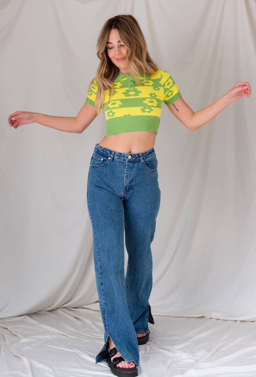 Girl Power Crop Knit Top In Green-Yellow