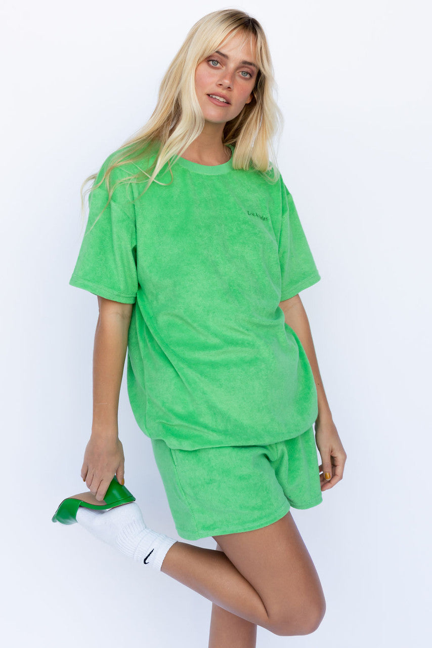 LA Woman Embroidered Terry Cloth Short Set In Kelly Green
