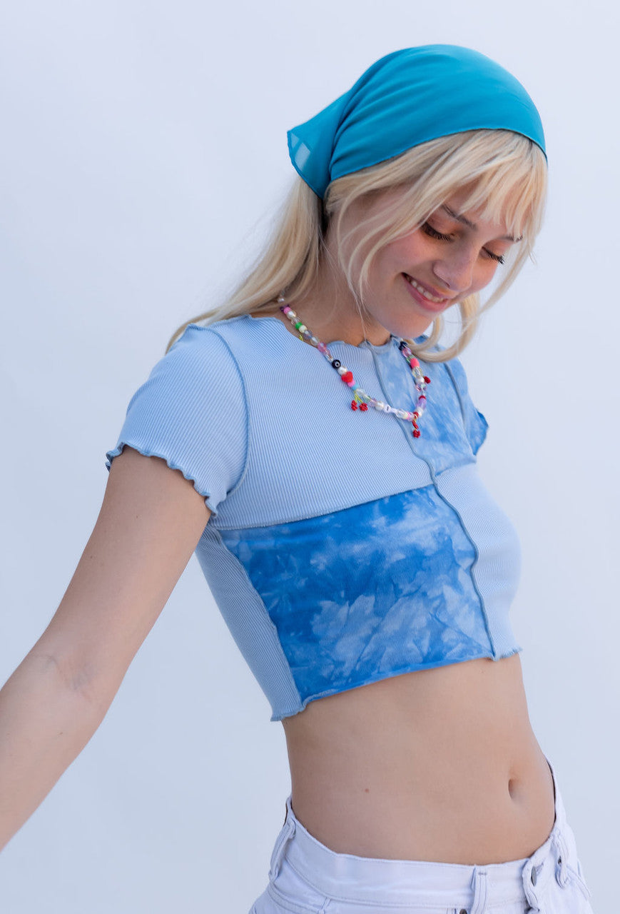 CALIstyle Stardust Exposed Seam Patchwork Crop Top In Blue