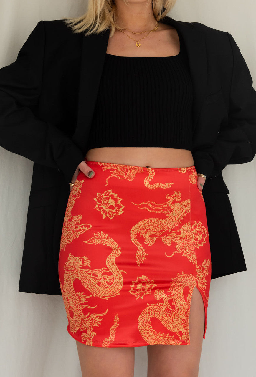 Motel Wren Skirt In Dragon Flower Red-Gold