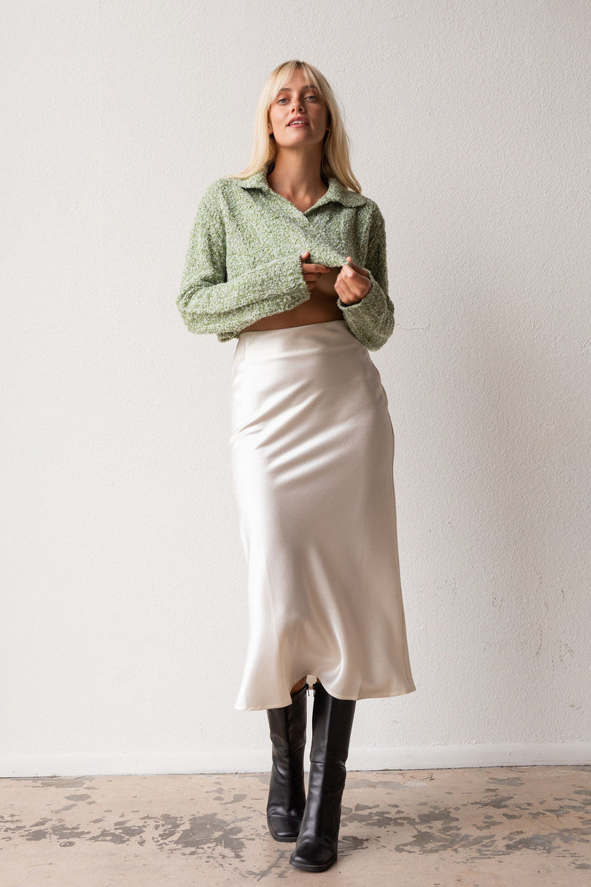 CALIstyle After Midnight Silk/Satin Midi Skirt In Pearl