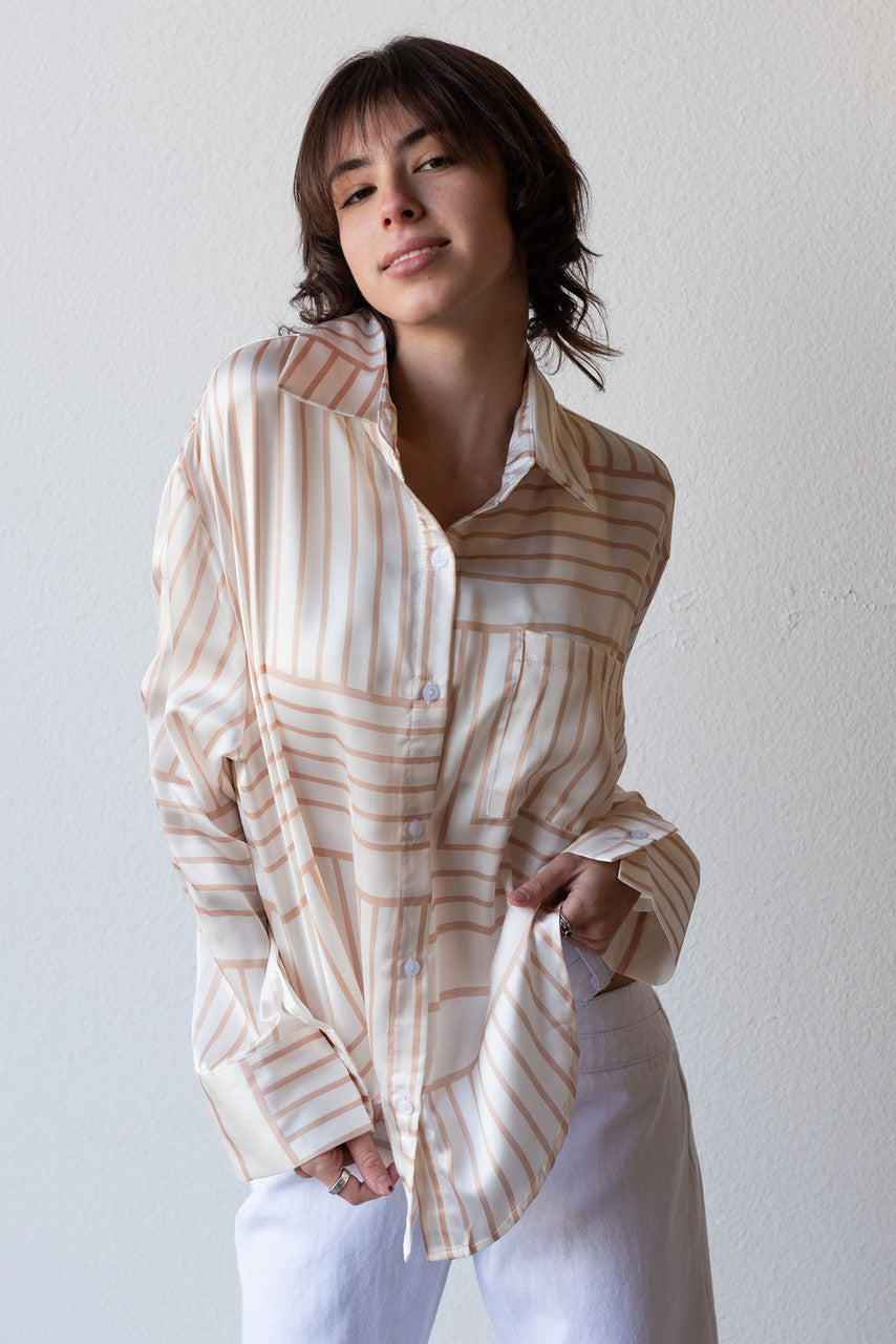 Between The Lines Satin Button Down Top In Ivory/Taupe
