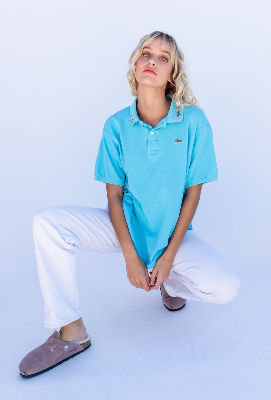 Vintage Hand Embroidered Lacoste Polo Knit Top In Turquoise Blue