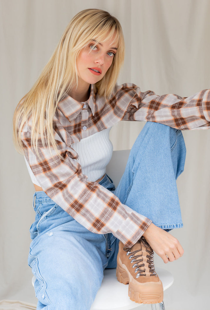 CALIstyle All Work No Play Micro Crop Flannel Shirt In Brown Plaid