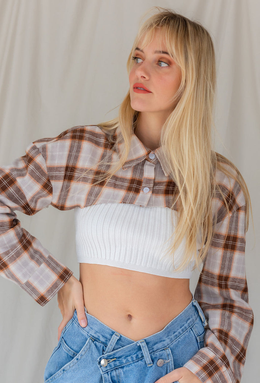 CALIstyle All Work No Play Micro Crop Flannel Shirt In Brown Plaid
