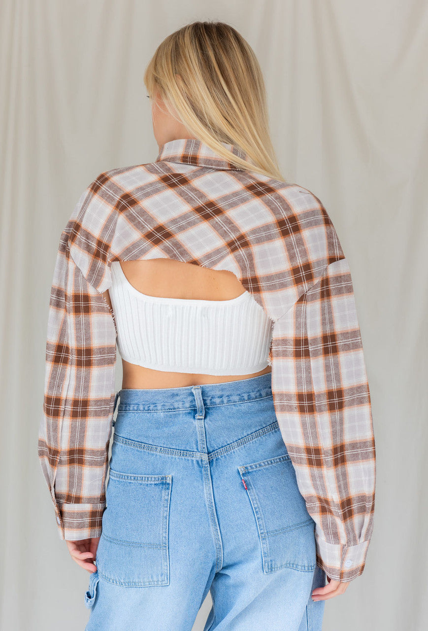 CALIstyle All Work No Play Micro Crop Flannel Shirt In Brown Plaid