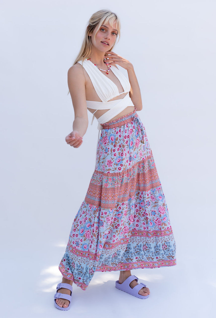 CALIstyle Malibu Midi Skirt In Aqua Floral