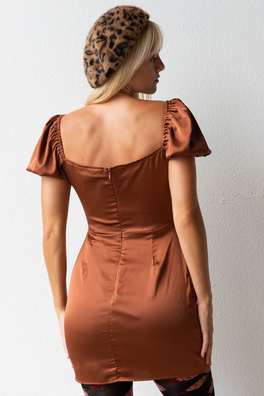 CALIstyle Paris With Love Satin Mini Dress In Brown | Shop Resurrection CALIstyle Paris With Love Satin Mini Dress In Brown | Shop Resurrection