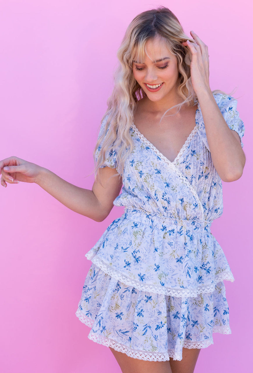 CALIstyle In Her Magic Ruffled Mini Dress In Blue Floral