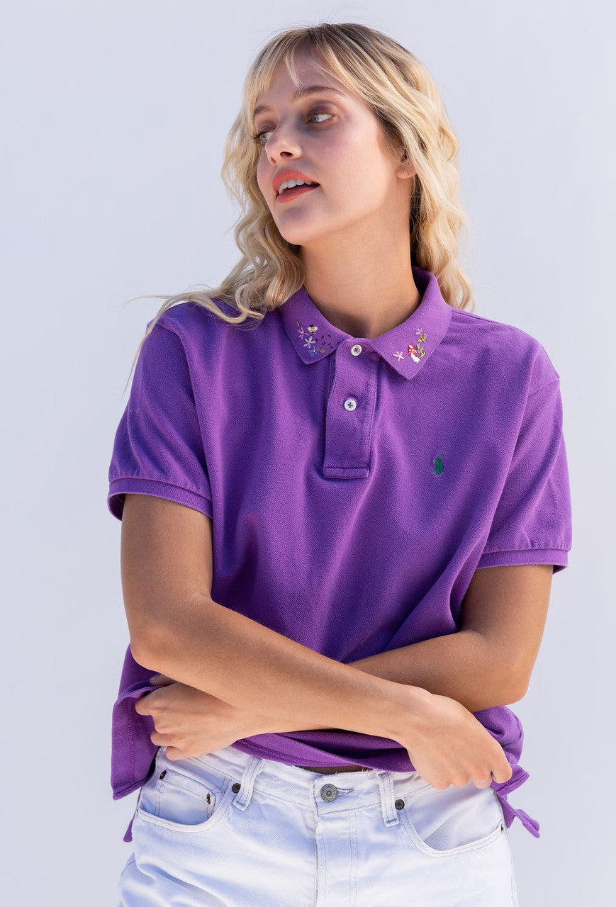 Vintage Hand Embroidered Lacoste Polo Knit Top In Deep Lavender