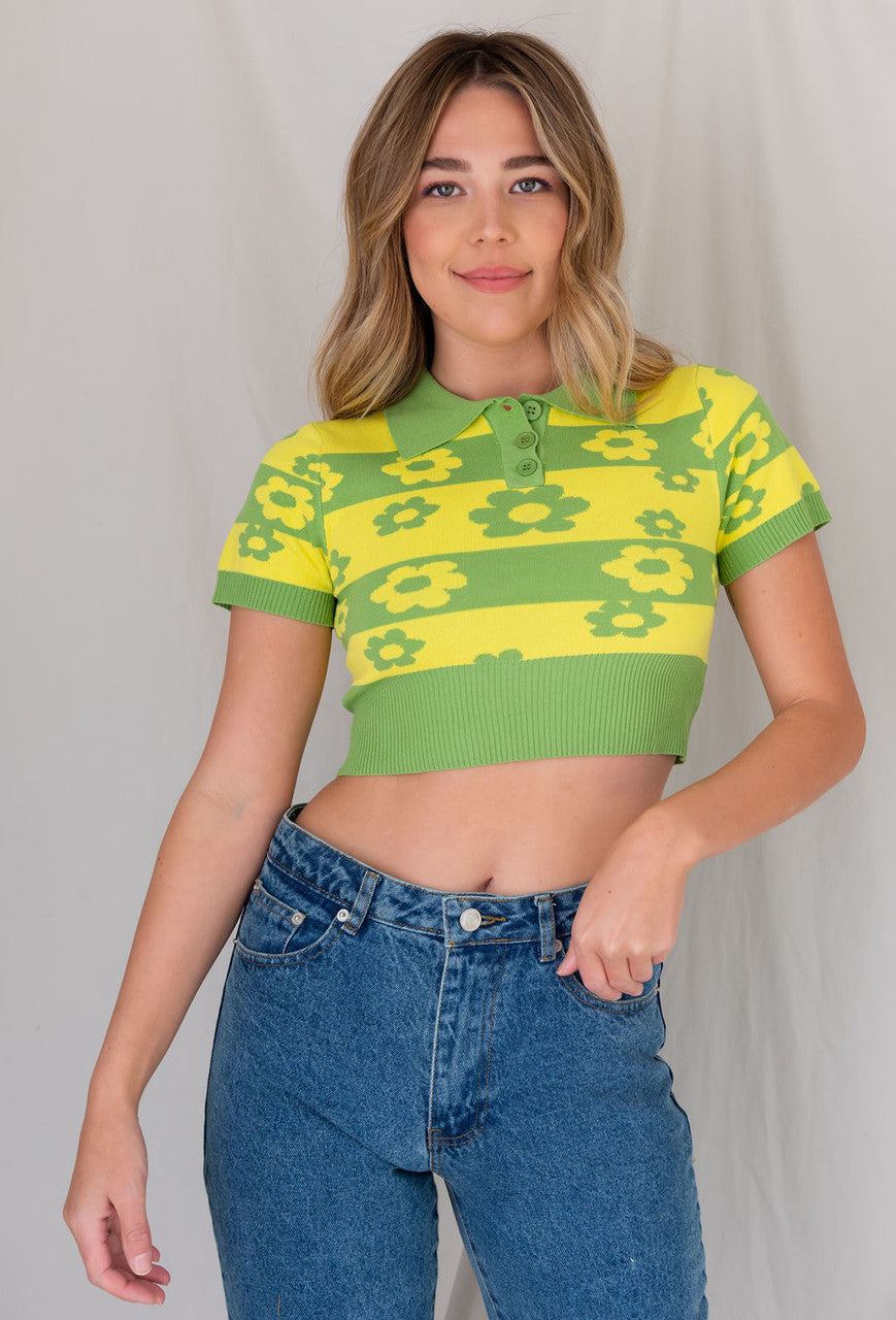 CALIstyle Girl Power Crop Knit Top In Green/Yellow