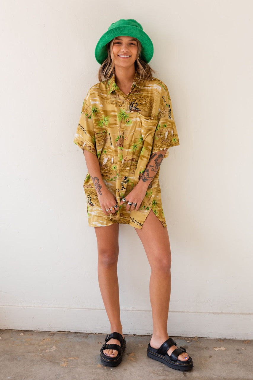Vintage x Resurrection Hawaiian Silk Oversized Shirt In Gold/Green